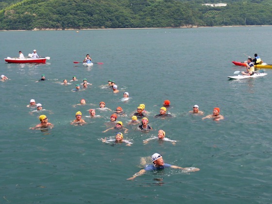 瀬戸田遠泳大会　38人の小中高一般が佐木島へ全員ゴール